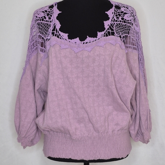 Free People Lavender Love Lace Crochet Peasant Sweater Top Shirred Waist- Size M - Picture 5 of 14